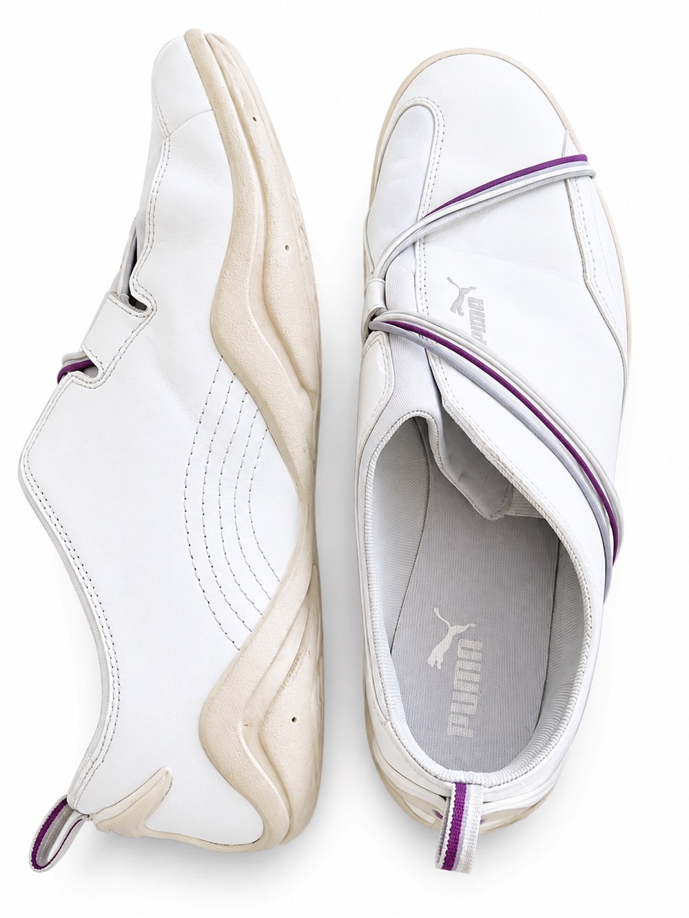 Puma Women’s Slip-On Sneakers in White with Purple Elastic Straps